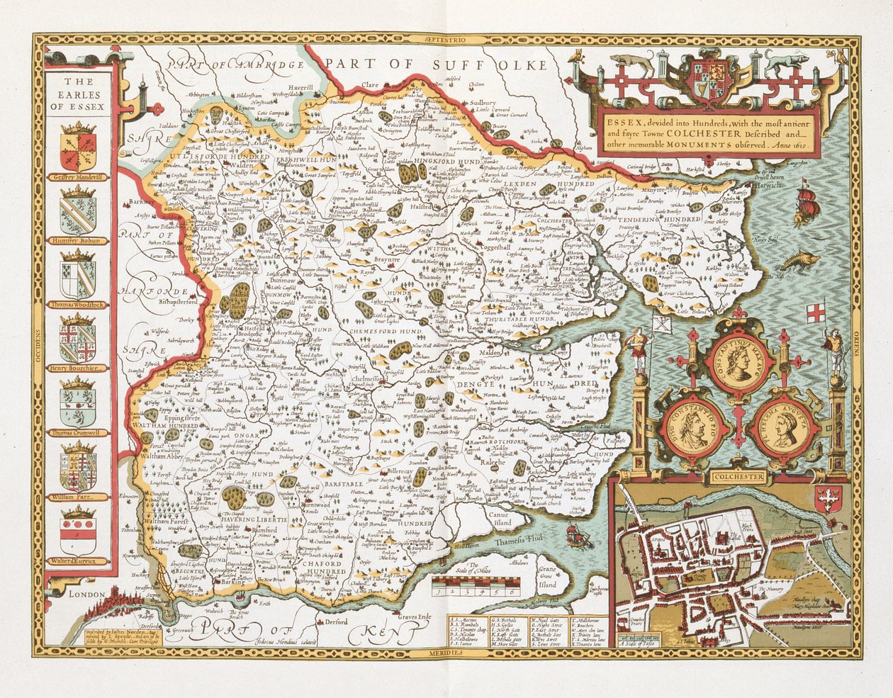 Essex, grawerowane przez Jodocusa Hondiusa (1563-1612) z Teatru Imperium Wielkiej Brytanii im. Johna Speeda, wyd. John Sudbury i George Humble, 1611-12 (ręcznie barwiony miedzioryt) autorstwa John Speed