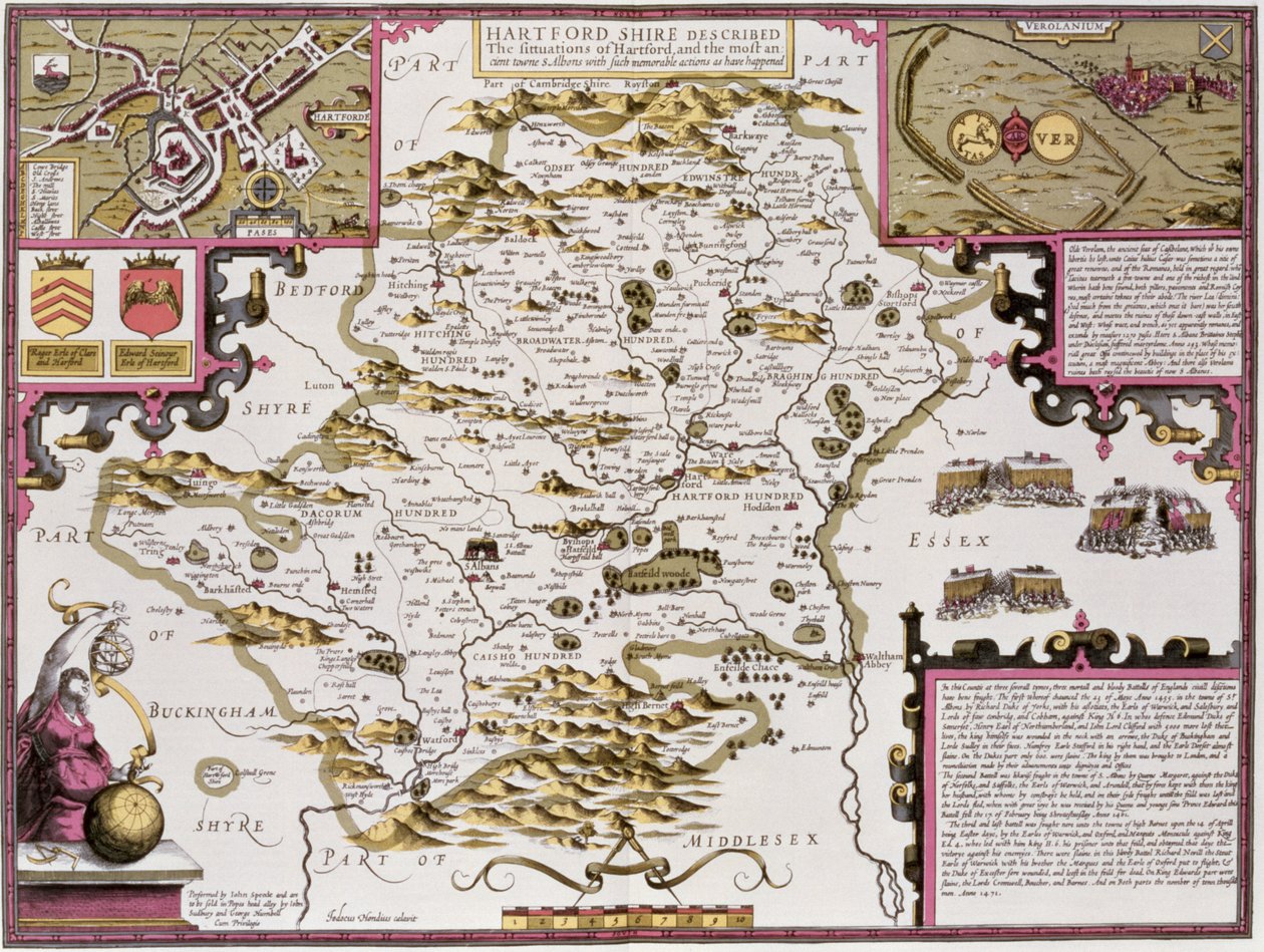 Hartfordshire i sytuacja Hartford, ryty przez Jodocusa Hondiusa (1563-1612) z „Teatru Imperium Wielkiej Brytanii” Johna Speeda, wyd. John Sudbury i George Humble, 1611-12 (ręka c autorstwa John Speed