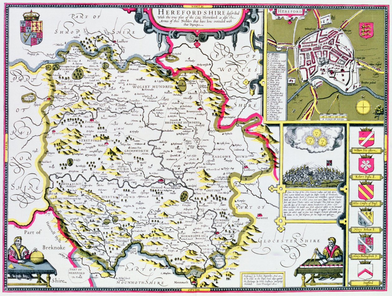 Herefordshire, ryty przez Jodocusa Hondiusa (1563-1612) z „Teatru Imperium Wielkiej Brytanii” Johna Speeda, wyd. John Sudbury i George Humble, 1611-12 (ręcznie barwiony miedzioryt) autorstwa John Speed