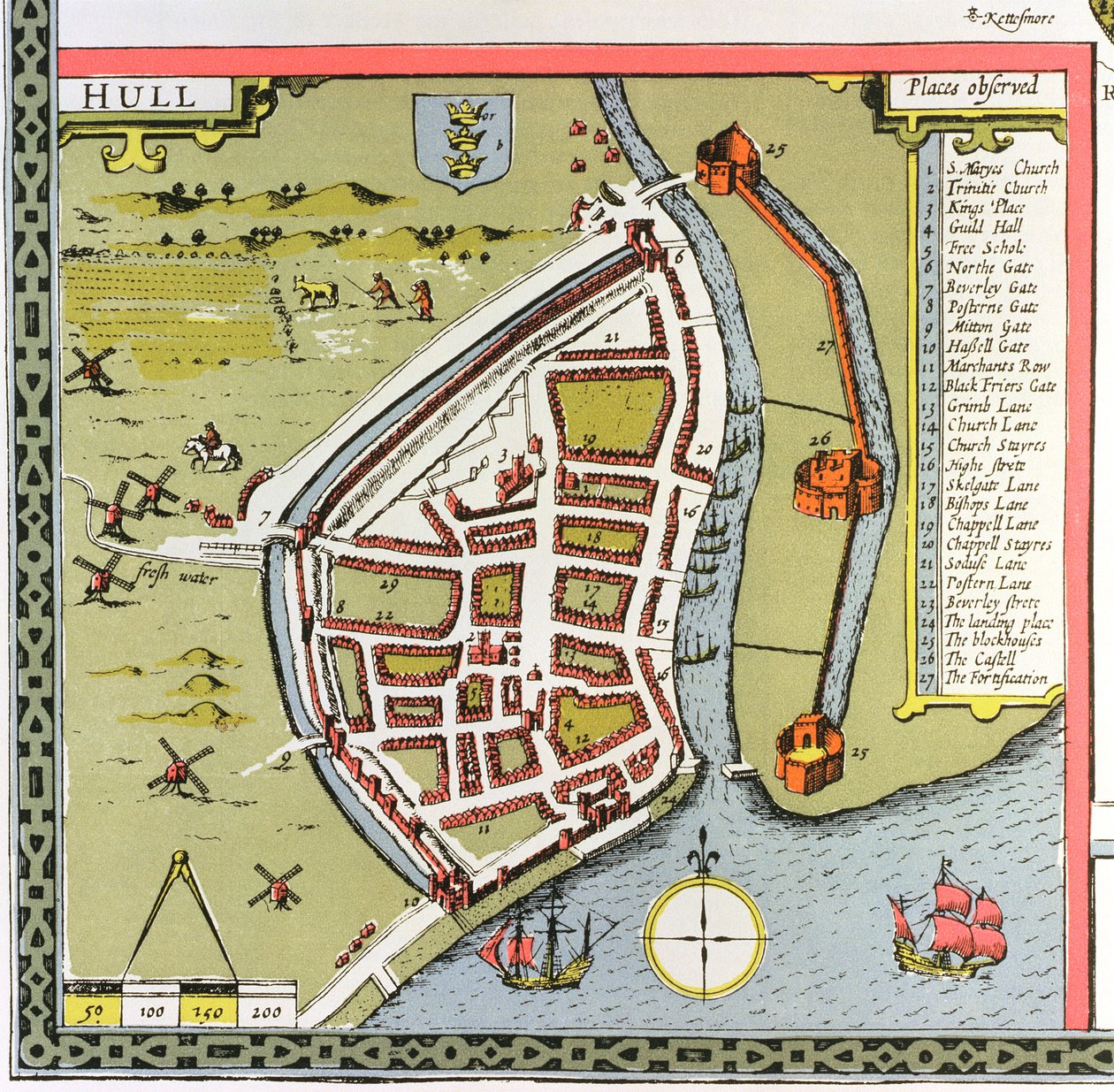 Hull, fragment mapy North and East Ridings of Yorkshire, rytowany przez Jodocusa Hondiusa (1563-1612) z „Theatre of the Empire of Great Britain” Johna Speeda, wyd. autorstwa Johna Sudbury i Georga autorstwa John Speed