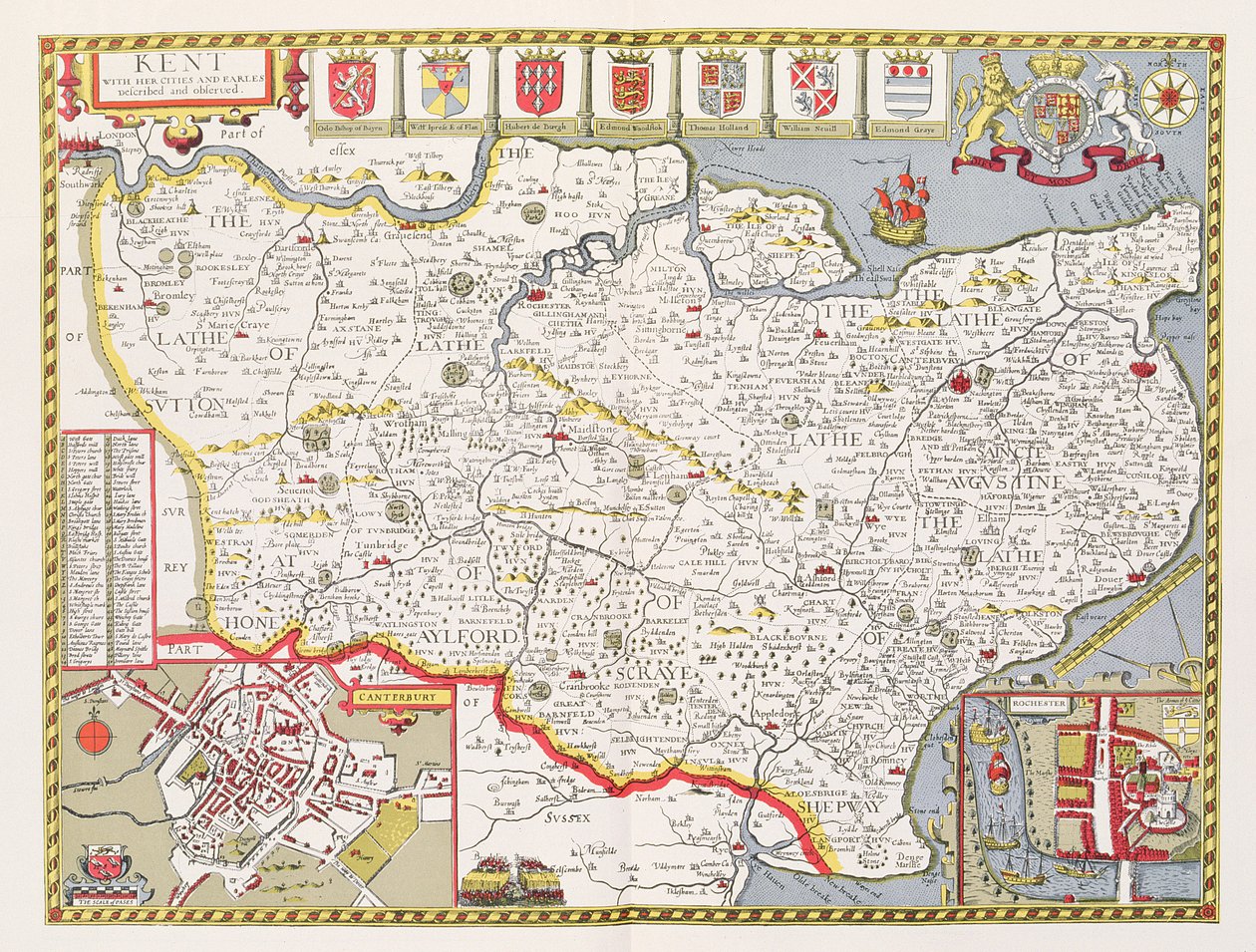 Kent, ryty Jodocusa Hondiusa (1563-1612) z Teatru Imperium Wielkiej Brytanii Johna Speeda, wyd. John Sudbury i George Humble, 1611-12 (ręcznie barwiony miedzioryt) autorstwa John Speed