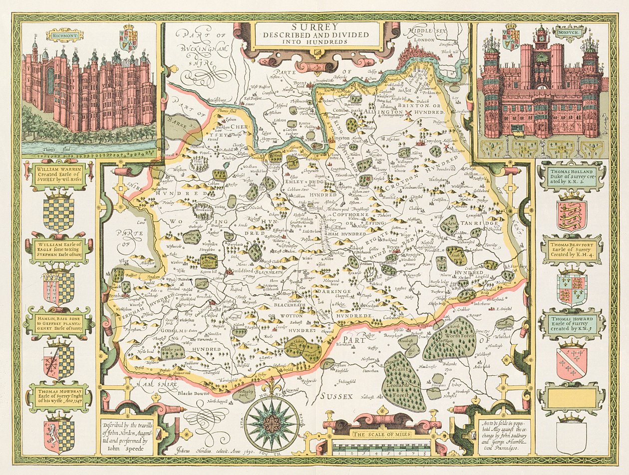 Mapa Surrey, rytowana przez Jodocusa Hondiusa (1563-1612) z John Speed