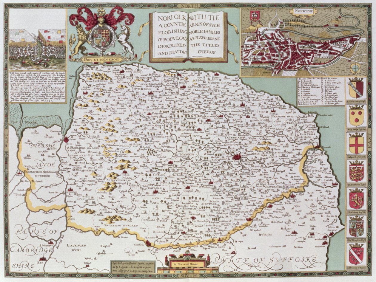 Norfolk, ryty Jodocusa Hondiusa (1563-1612) z „Teatru Imperium Wielkiej Brytanii” Johna Speeda, wyd. John Sudbury i George Humble, 1611-12 (ręcznie barwiony miedzioryt) autorstwa John Speed
