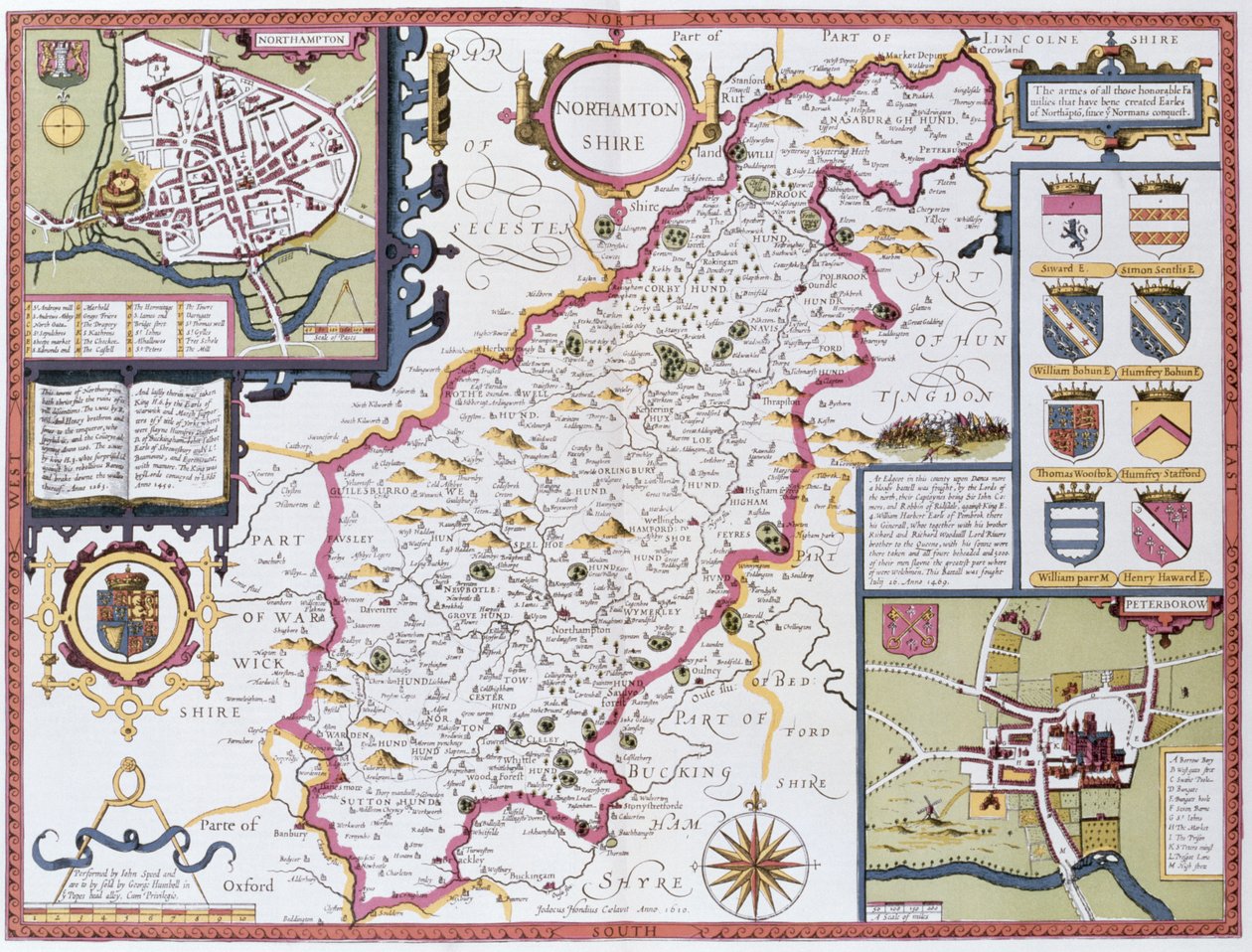 Northamptonshire, ryty przez Jodocusa Hondiusa (1563-1612) z „Teatru Imperium Wielkiej Brytanii” Johna Speeda, wyd. John Sudbury i George Humble, 1611-12 (ręcznie barwiony miedzioryt) autorstwa John Speed