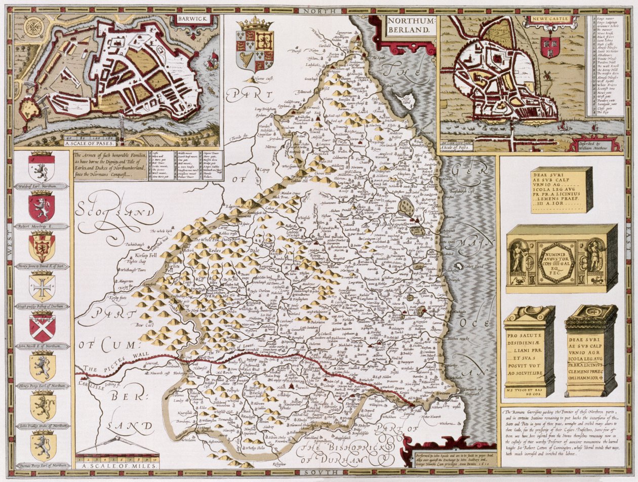 Northumberland, wyryty przez Jodocus Hondius (1563-1612) z "Theatre of the Empire of Great Britain" Johna Speeda, wyd. przez Johna Sudbury