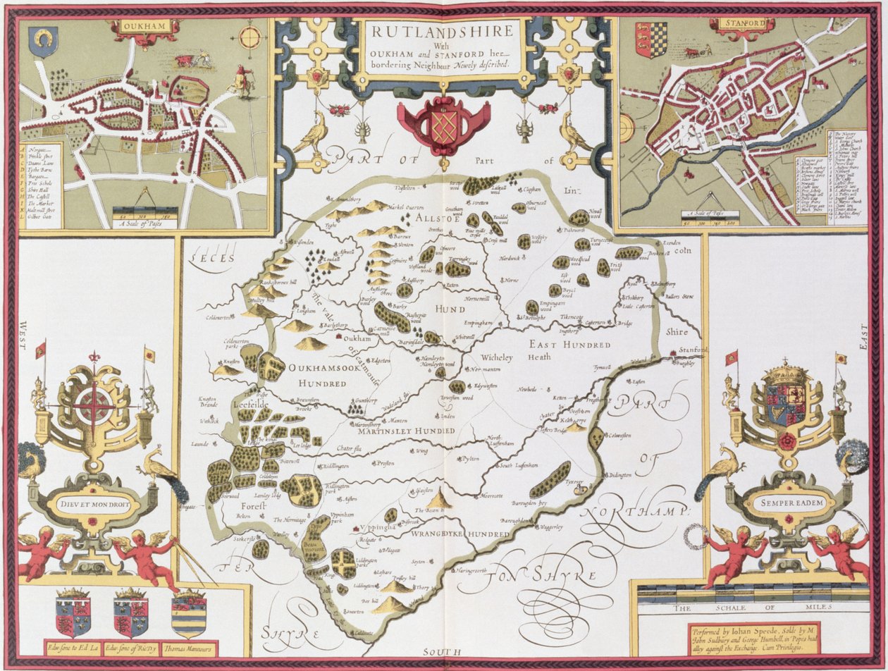 Rutlandshire z Oukham i Stanford, grawerowane przez Jodocusa Hondiusa (1563-1612) z „Teatru Imperium Wielkiej Brytanii” Johna Speeda, wyd. John Sudbury i George Humble, 1611-12 (kolor dłoni autorstwa John Speed