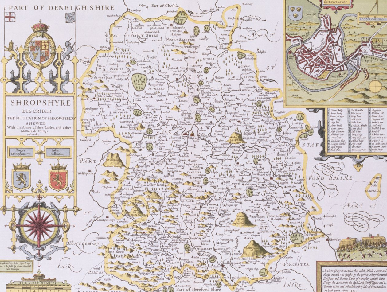 Shropshyre, rytowane przez Jodocusa Hondiusa (1563-1612) z „Teatru Imperium Wielkiej Brytanii” Johna Speeda, wyd. John Sudbury i George Humble, 1611-12 (ręcznie barwiony miedzioryt) autorstwa John Speed
