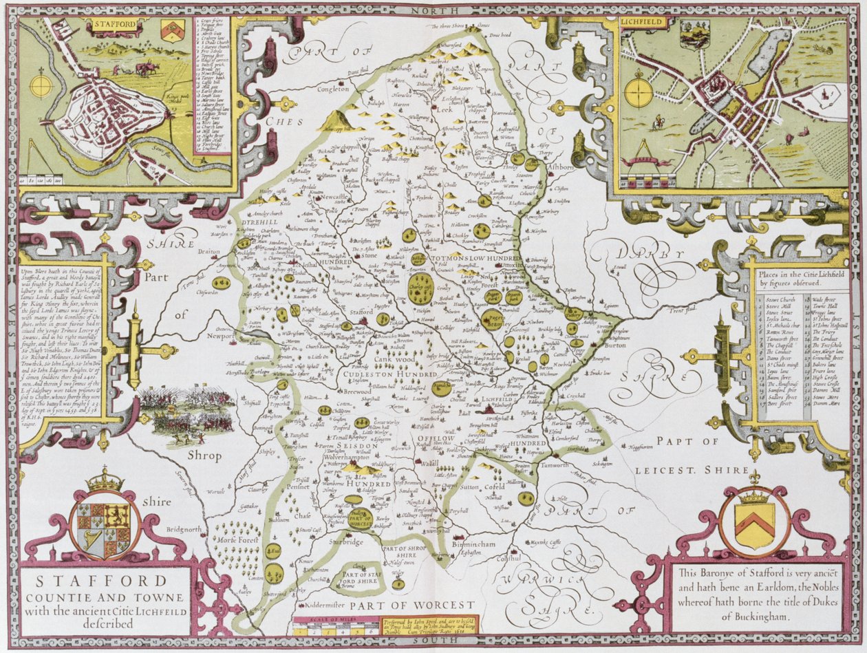 Stafford County and Town, ryty przez Jodocusa Hondiusa (1563-1612) z „Teatru Imperium Wielkiej Brytanii” Johna Speeda, wyd. John Sudbury i George Humble, 1611-12 (ręcznie kolorowane miedziane engr autorstwa John Speed