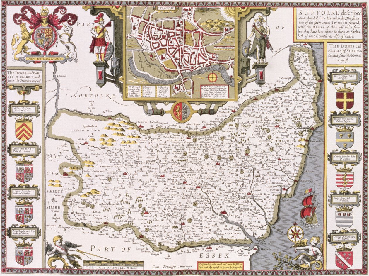 Suffolk i sytuacja Ipswich, ryty przez Jodocusa Hondiusa (1563-1612) z „Teatru Imperium Wielkiej Brytanii” Johna Speeda, wyd. autorstwa Johna Sudbury i George