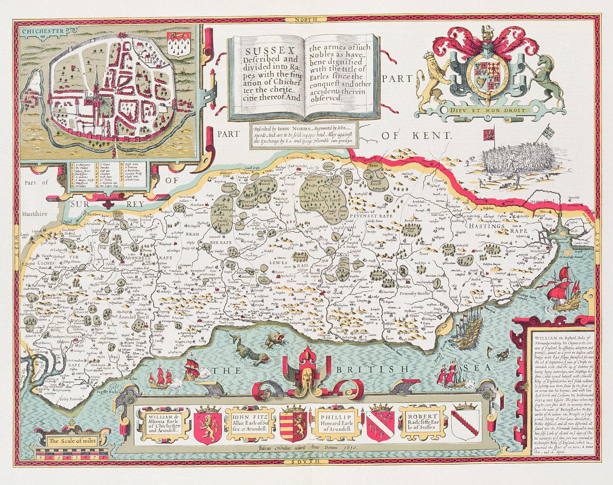 Sussex, wyryty przez Jodocus Hondius (1563-1612) z John Speed