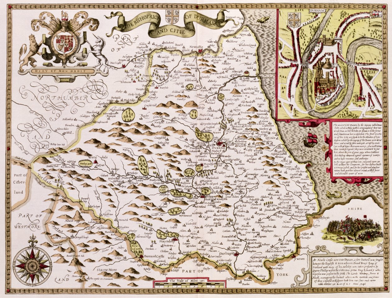 Bishoprick i miasto Durham, rytowane przez Jodocusa Hondiusa (1563-1612) z „Teatru Imperium Wielkiej Brytanii” Johna Speeda, wyd. autorstwa Johna Sudbury i George