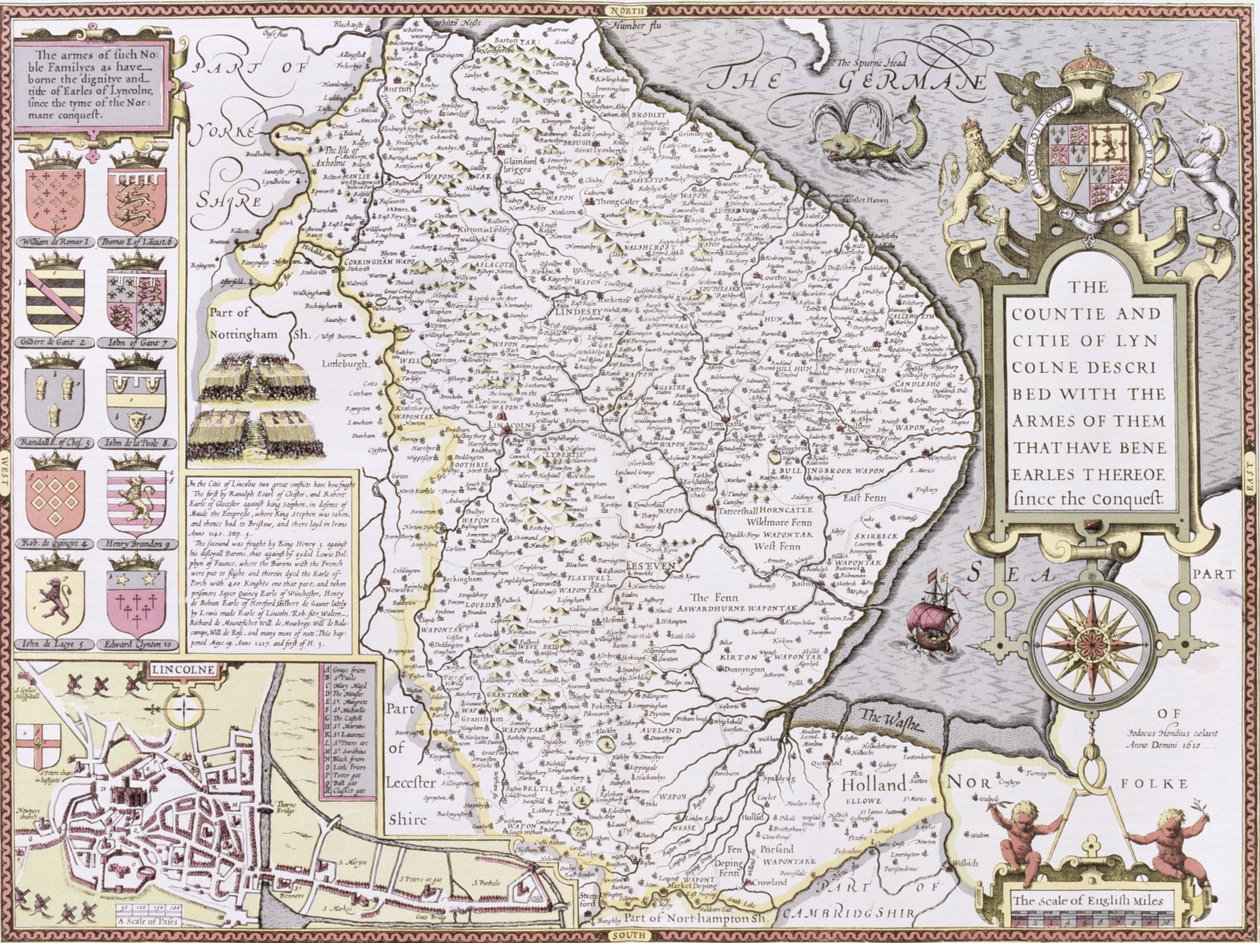 Hrabstwo i miasto Lincoln, grawerowane przez Jodocusa Hondiusa (1563-1612) z „Teatru Imperium Wielkiej Brytanii” Johna Speeda, wyd. autorstwa Johna Sudbury i George