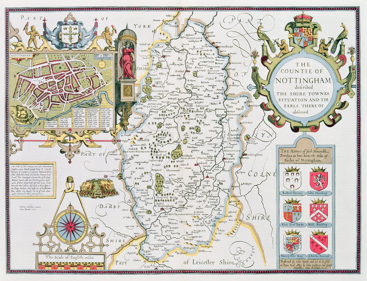 Hrabstwo Nottingham, rytowane przez Jodocusa Hondiusa (1563-1612) z „Teatru Imperium Wielkiej Brytanii” Johna Speeda, wyd. autorstwa Johna Sudbury i George