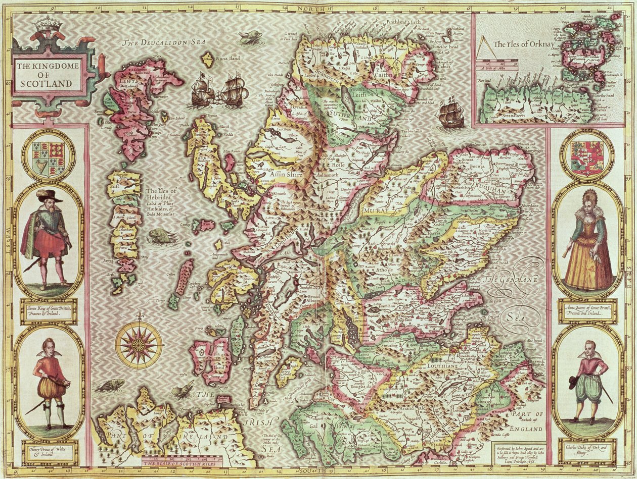 Królestwo Szkocji, rytowane przez Jodocusa Hondiusa (1563-1612) z „Teatru Imperium Wielkiej Brytanii”, wyd. John Sudbury i George Humble, 1611-12 (ręcznie barwiony miedzioryt) autorstwa John Speed