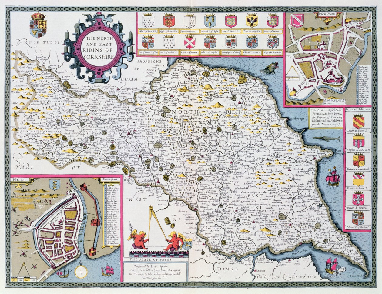 North and East Ridings of Yorkshire, ryty przez Jodocusa Hondiusa (1563-1612) z „Teatru Imperium Wielkiej Brytanii” Johna Speeda, wyd. John Sudbury i George Humble, 1611-12 (kolor dłoni autorstwa John Speed
