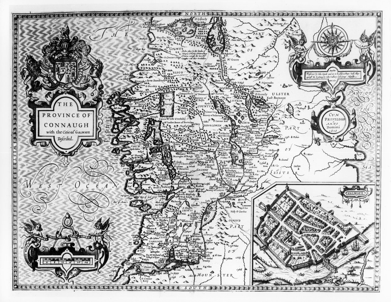 Prowincja Connaught z miastem Galway Opisana, rytowana przez Jodocusa Hondiusa (1563-1612), z „Teatru Imperium Wielkiej Brytanii”, wyd. John Sudbury i George Humble, 1611-12 (en autorstwa John Speed