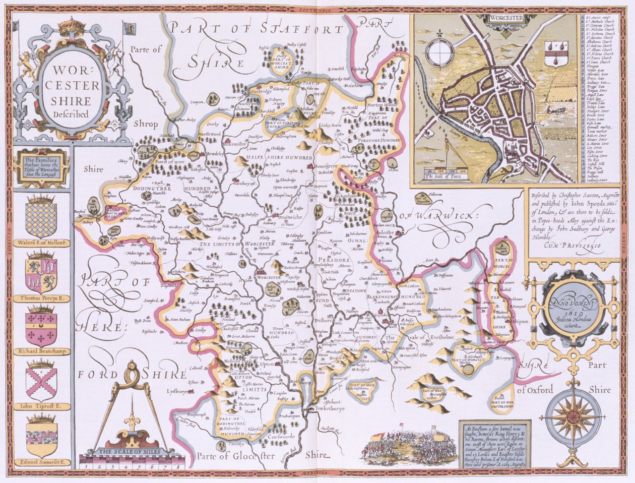 Worcestershire, ryty przez Jodocusa Hondiusa (1563-1612) z „Teatru Imperium Wielkiej Brytanii” Johna Speeda, wyd. autorstwa Johna Sudbury i George