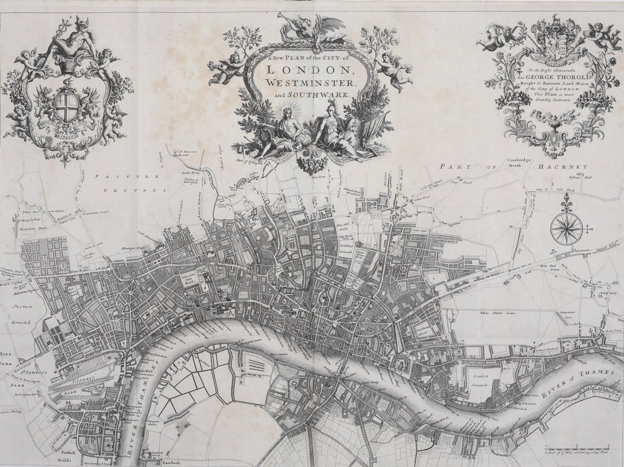 A New Plan of the City of London, Westminster and Southwark, w „A Survey of the Cities of London and Westminster”, wydrukowanej przez A. Churchilla, J. Knaptona, R. Knaplocka i in., 1720 autorstwa John Stow