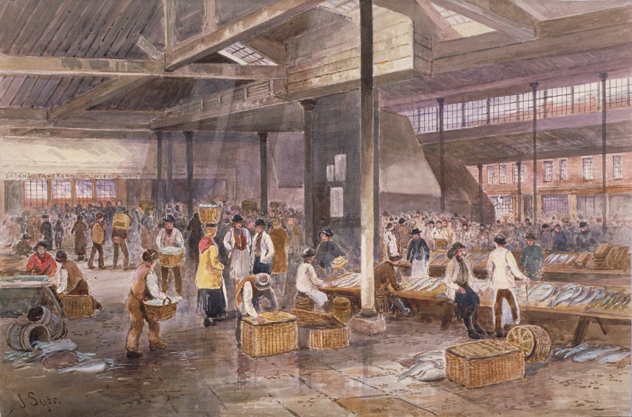 Widok wnętrza targu rybnego Billingsgate, ok. 1849 r. autorstwa John Syer