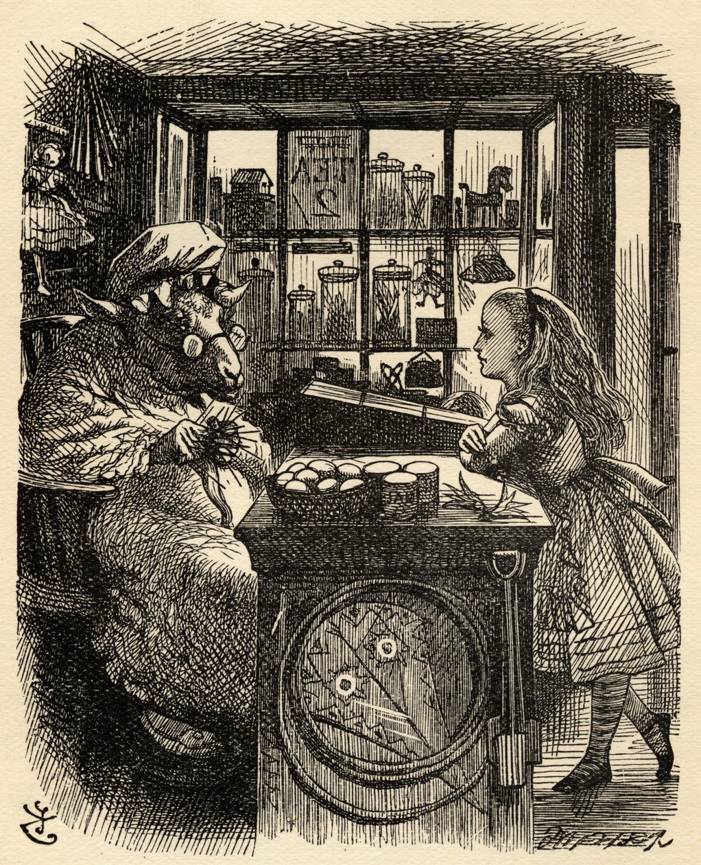 Alice and the Knitting Sheep, ilustracja z „Through the Looking Glass” Lewisa Carrolla (1832-98) opublikowana po raz pierwszy w 1871 roku autorstwa John Tenniel