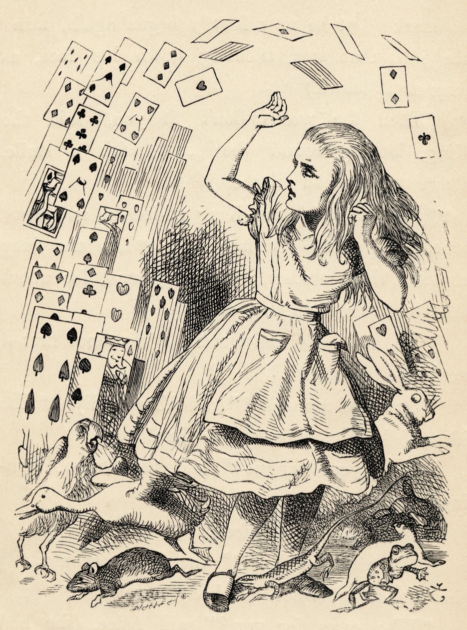 Alice and the Pack of Cards, z „Przygody Alicji w Krainie Czarów” Lewisa Carrolla, opublikowana w 1891 r. autorstwa John Tenniel