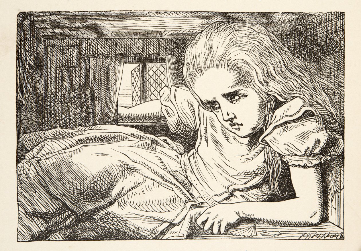 Alicja rośnie za wysoka do pokoju, z Alicji w Krainie Czarów Lewisa Carrolla (1832 - 98), wyd. 1891 autorstwa John Tenniel