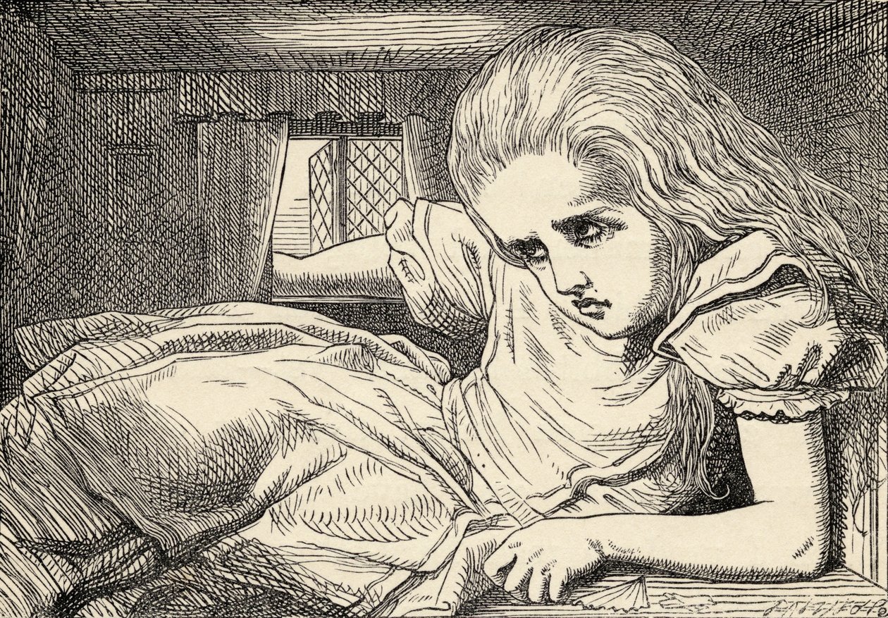 Alicja rośnie zbyt wysoko do pokoju, z „Przygody Alicji w Krainie Czarów” Lewisa Carrolla, opublikowanej w 1891 roku autorstwa John Tenniel