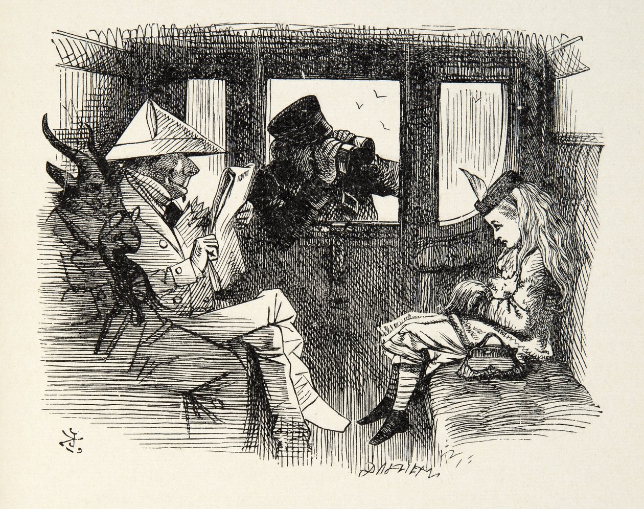 Alicja w wagonie kolejowym, ilustracja z filmu Po drugiej stronie lustra Lewisa Carrolla (1832 - 98), 1872 autorstwa John Tenniel
