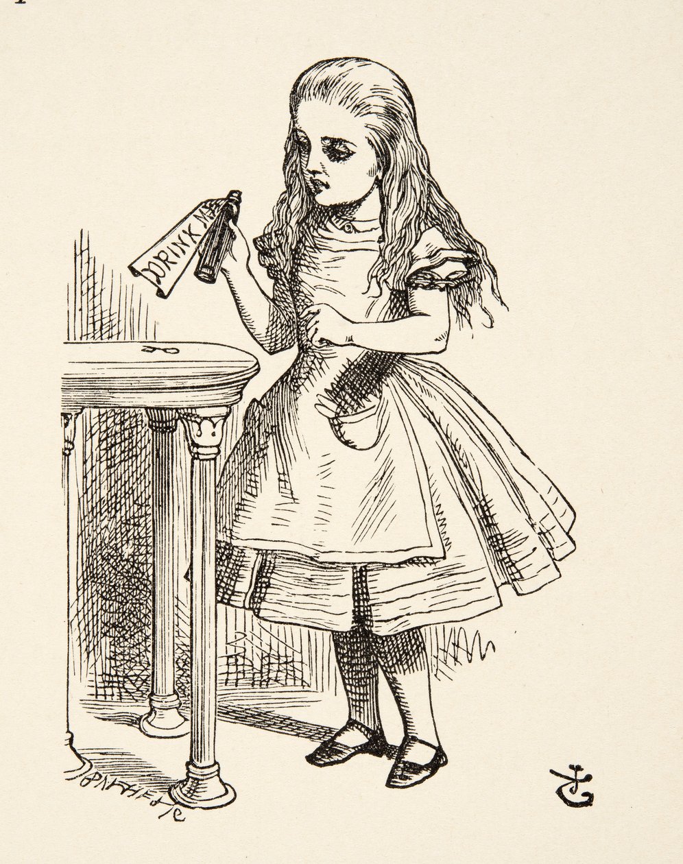 Alicja wpatrująca się w butelkę Drink Me, z Alices Adventures in Wonderland Lewisa Carrolla (1832 - 98), wyd. 1891 autorstwa John Tenniel