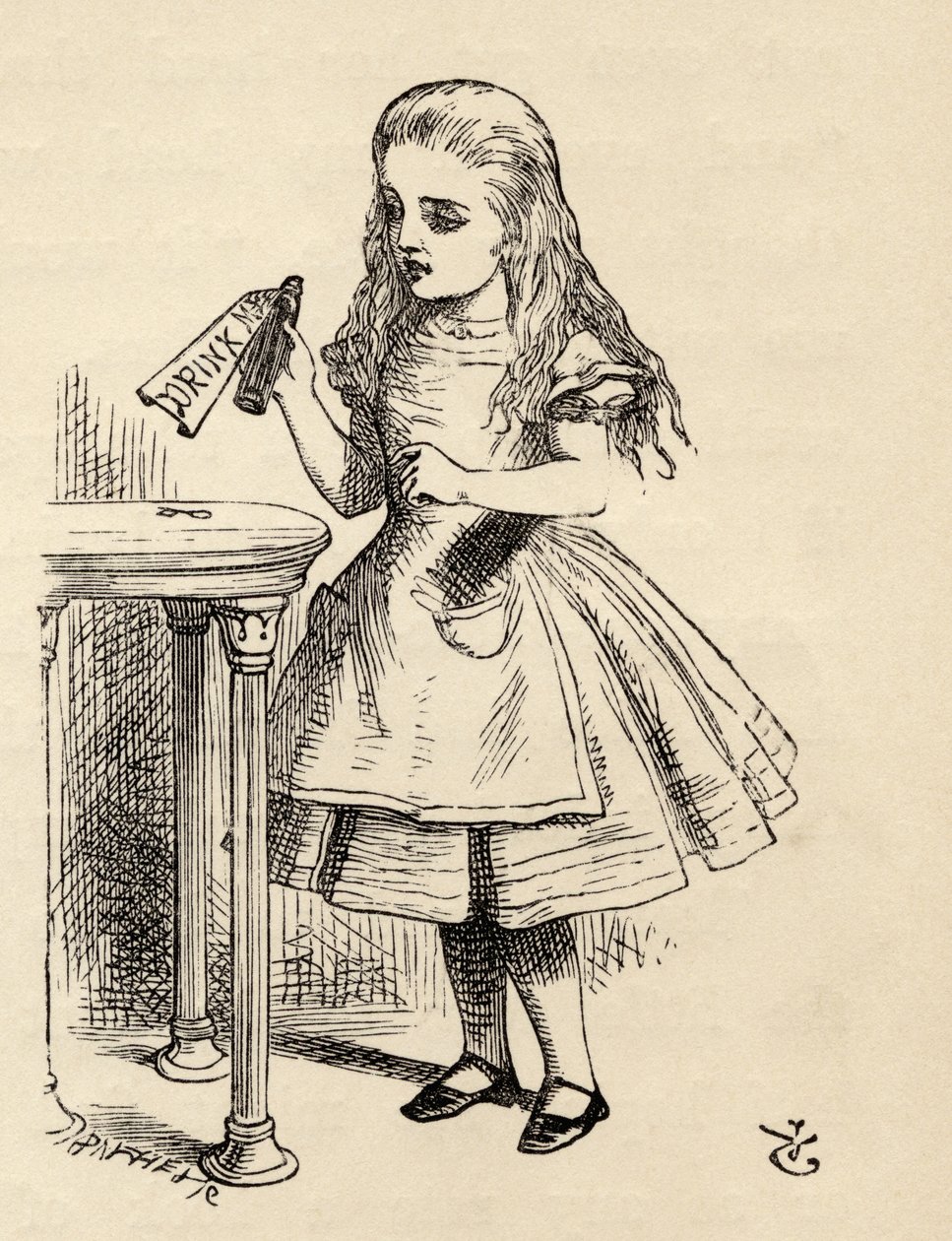 Alicja wpatrująca się w butelkę Drink Me, z „Przygody Alicji w Krainie Czarów” Lewisa Carrolla, opublikowana w 1891 r. autorstwa John Tenniel