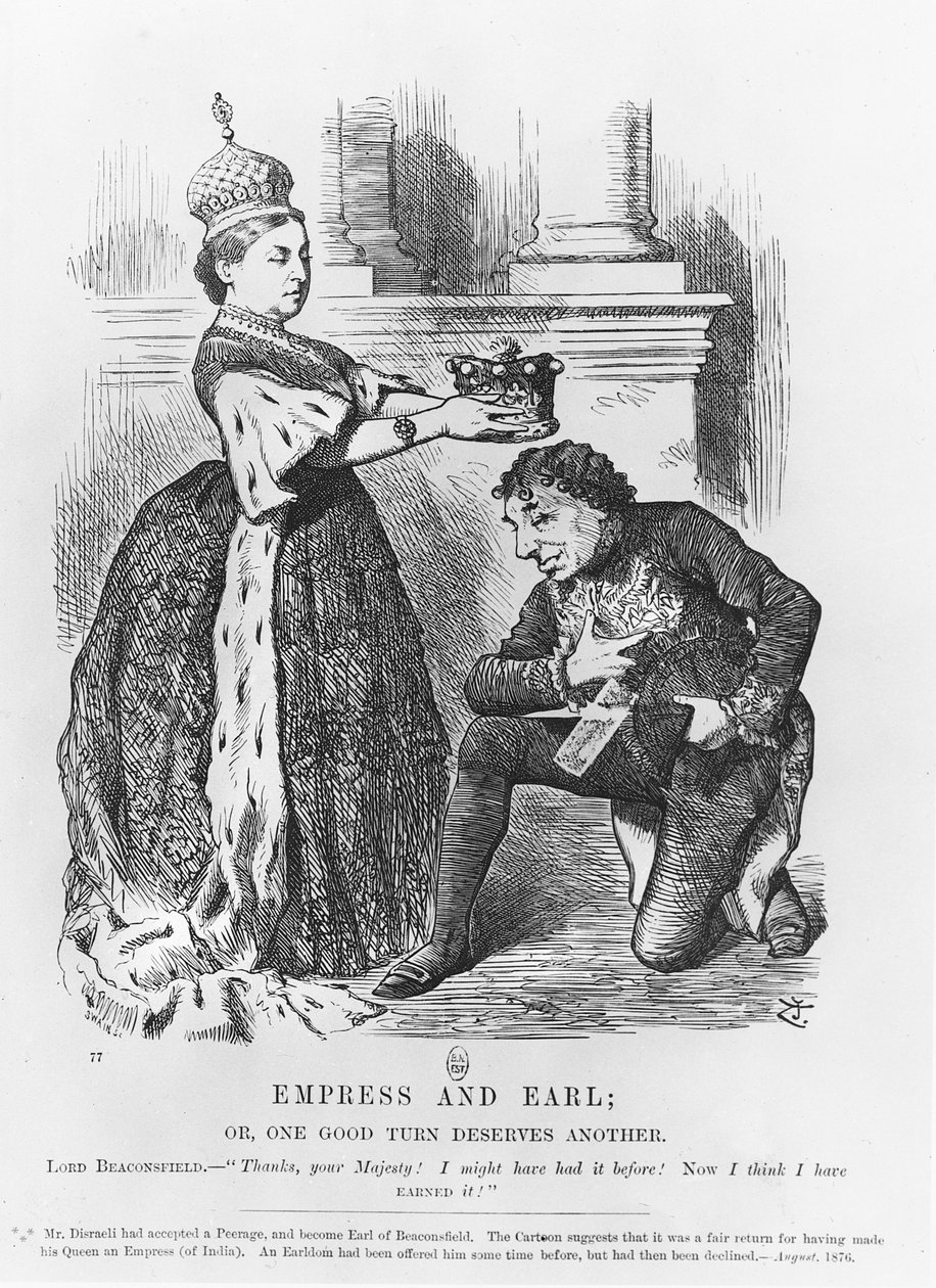 Disraeli otrzymał parostwo od królowej Wiktorii w 1876 r. autorstwa John Tenniel