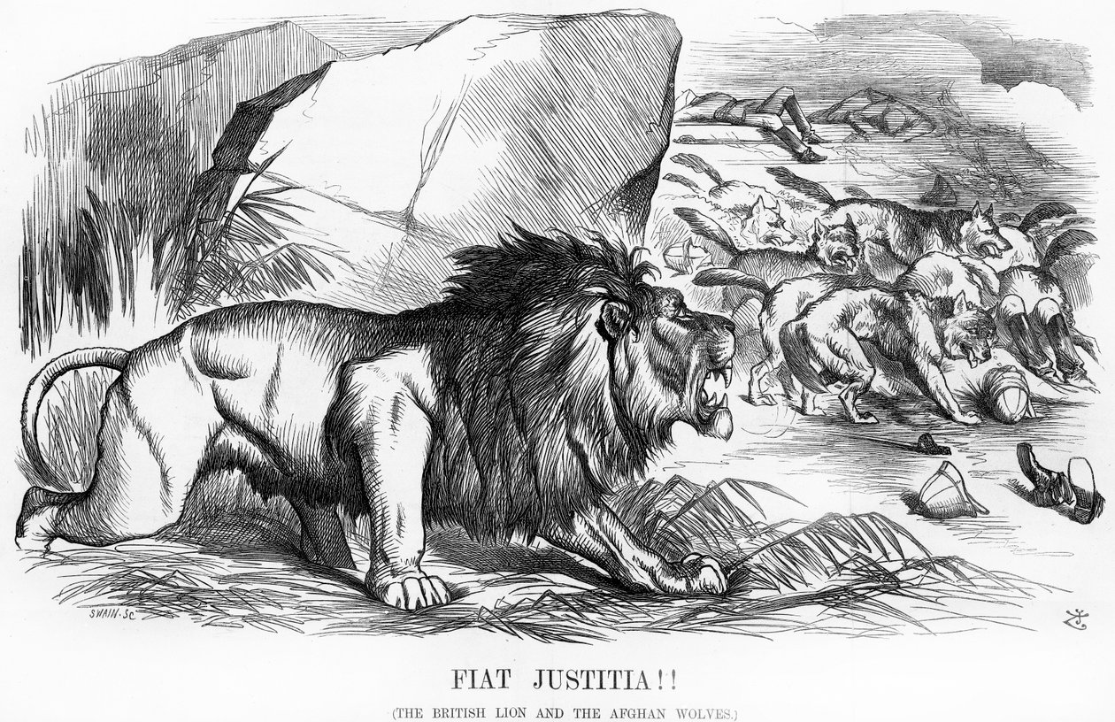 Fiat Justitia! Brytyjski lew i wilki afgańskie, rysunek z magazynu „Punch”, 20 września 1879 r. autorstwa John Tenniel