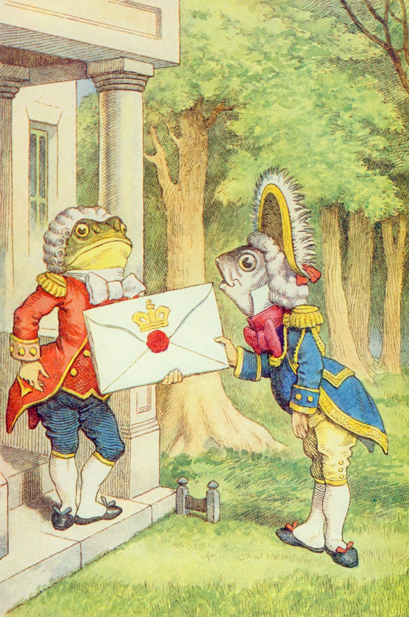 Lokaj-ryba dostarczający zaproszenie księżnej, ilustracja z „Alicji w krainie czarów” Lewisa Carrolla (1832-9) autorstwa John Tenniel