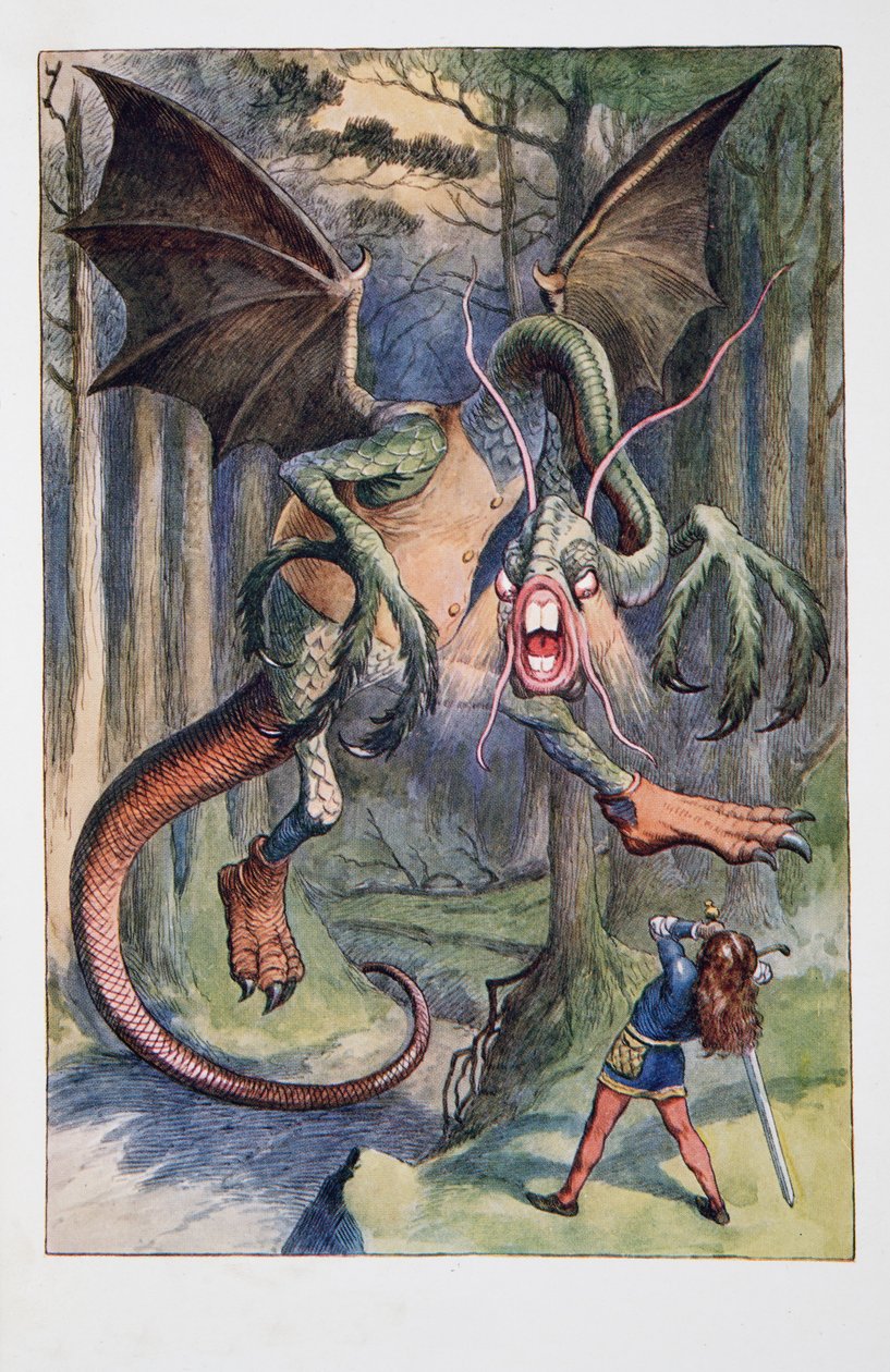 Jabberwock, z ognistymi oczami, przeleciał z warkotem przez las Tulgey, Alicja w krainie czarów i przez lustro i co Alicja tam znalazła, Lewis Carroll (1832 - 98), publis autorstwa John Tenniel
