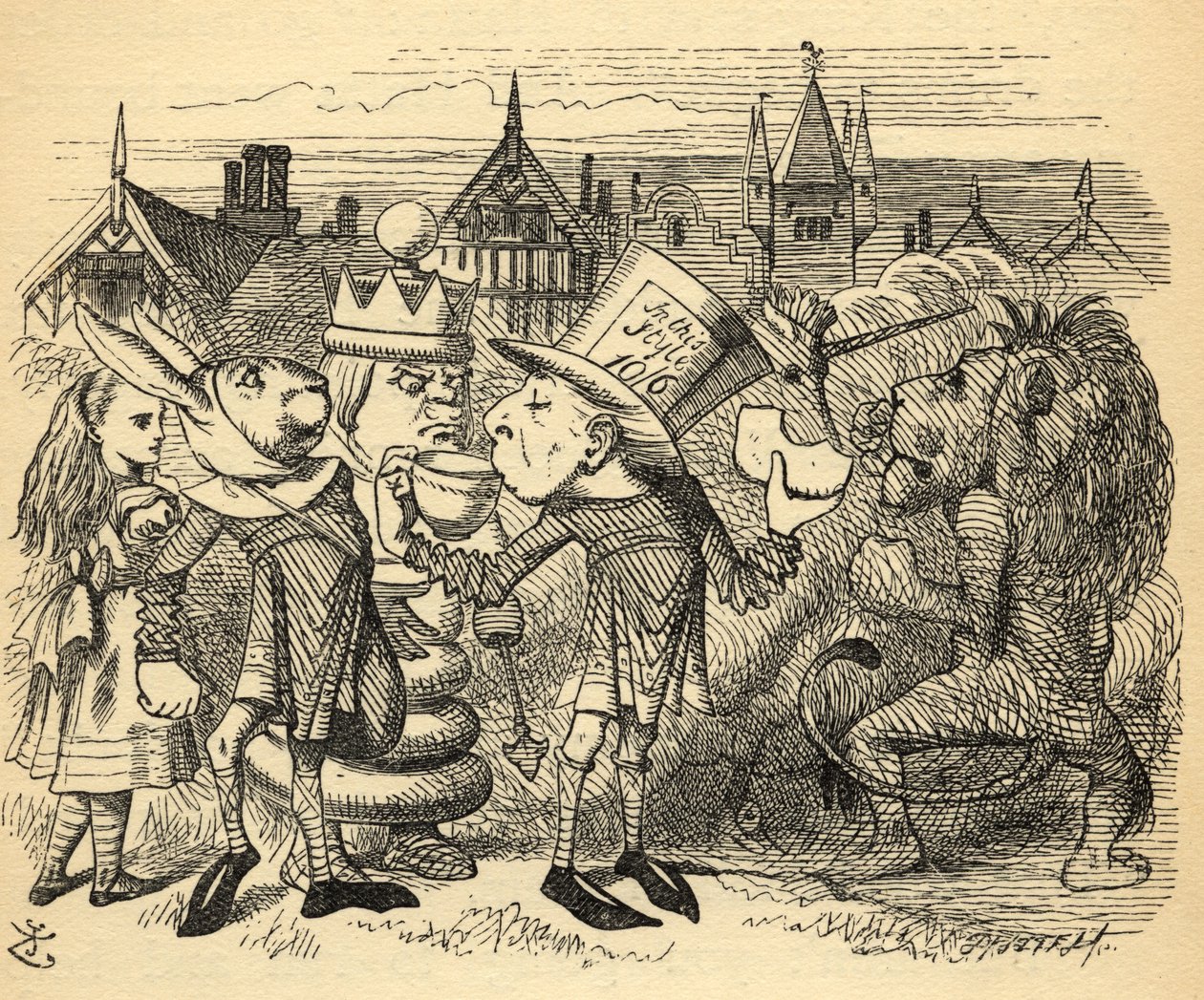 Szalony Kapelusznik, Zając, Król i Alicja, ilustracja z książki "Przez szybę" Lewisa Carrolla (1832-98) opublikowanej po raz pierwszy w 1871 r. autorstwa John Tenniel
