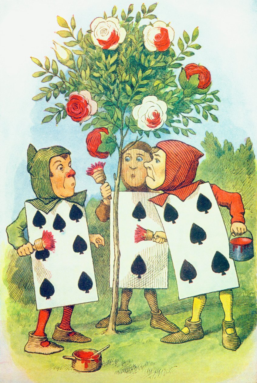 Karty do gry malujące krzew róży, ilustracja z „Alicji w krainie czarów” Lewisa Carrolla (1832-9) autorstwa John Tenniel