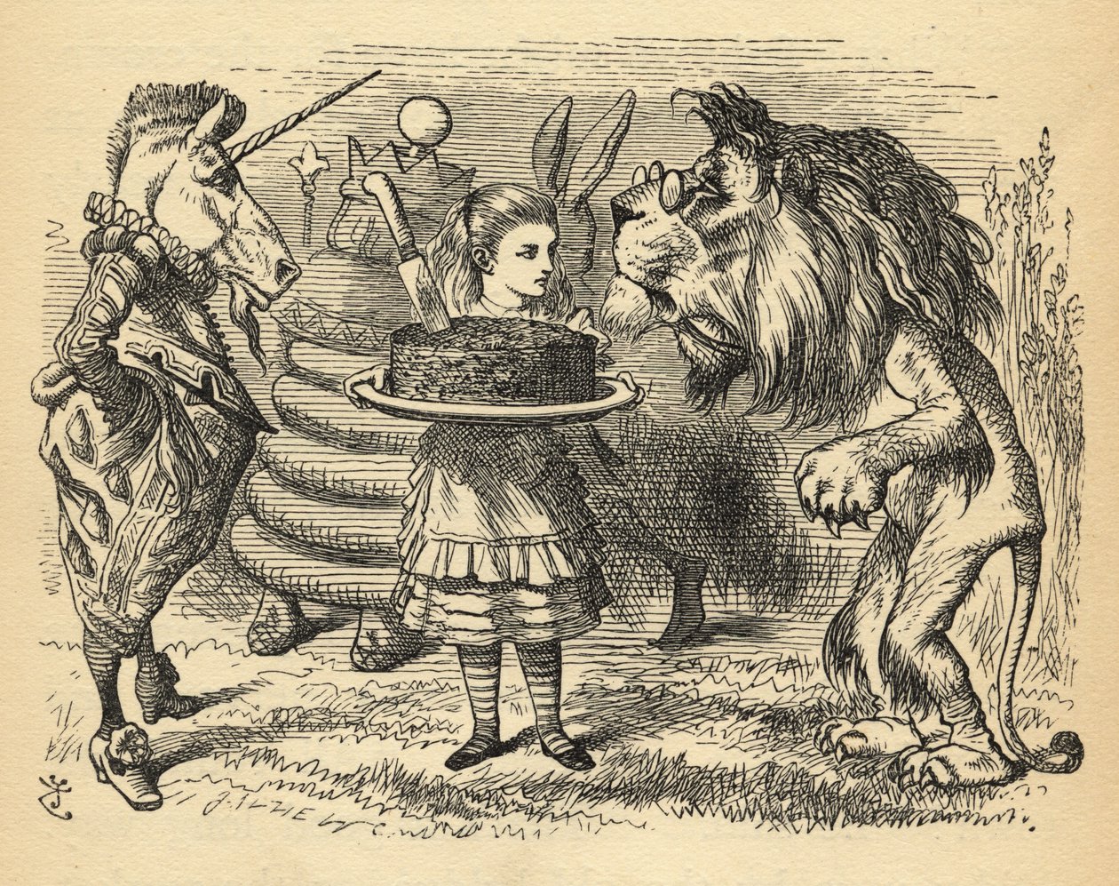 Dzielenie tortu przez Lwa i Jednorożca, ilustracja z książki "Przez lustro" Lewisa Carrolla (1832-98), opublikowanej po raz pierwszy w 1871 r. autorstwa John Tenniel