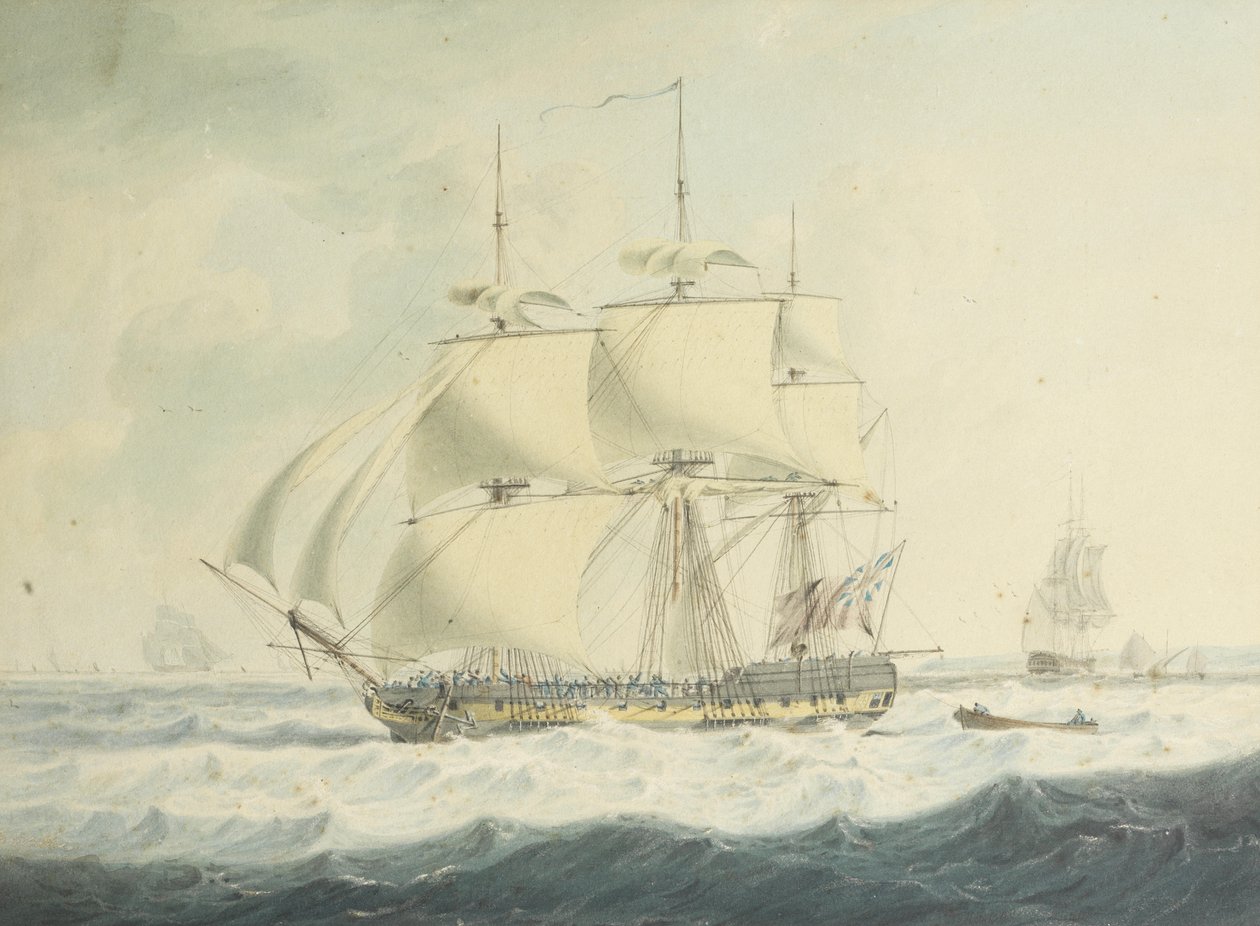H.M.S. To może płynąć w dół Kanału pod obniżonym żaglem w wzburzonych warunkach, z innymi statkami w pobliżu? autorstwa John Thomas Serres