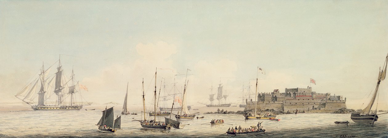Widok Castle Cornet, Guernsey, z wysyłką, ok. 1800 (toaleta z piórem i czarnym tuszem na graficie na papierze) autorstwa John Thomas Serres