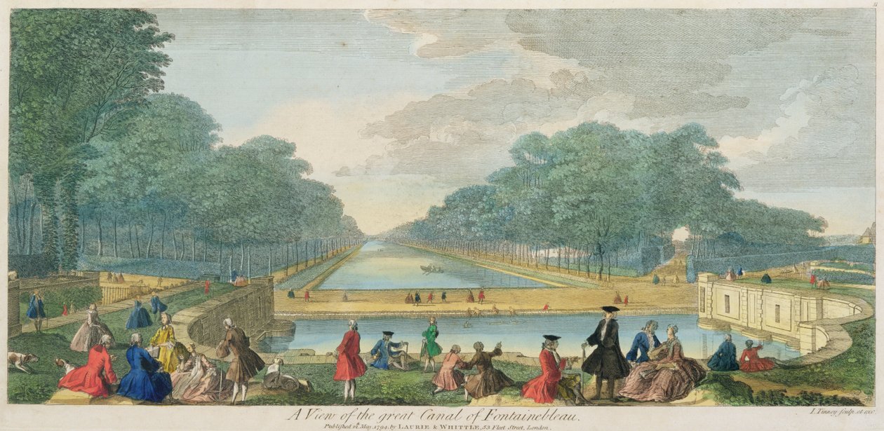 Widok na wielki kanał Fontainebleau, publikacja 1794 (kolorowa grawerunek) autorstwa John Tinney