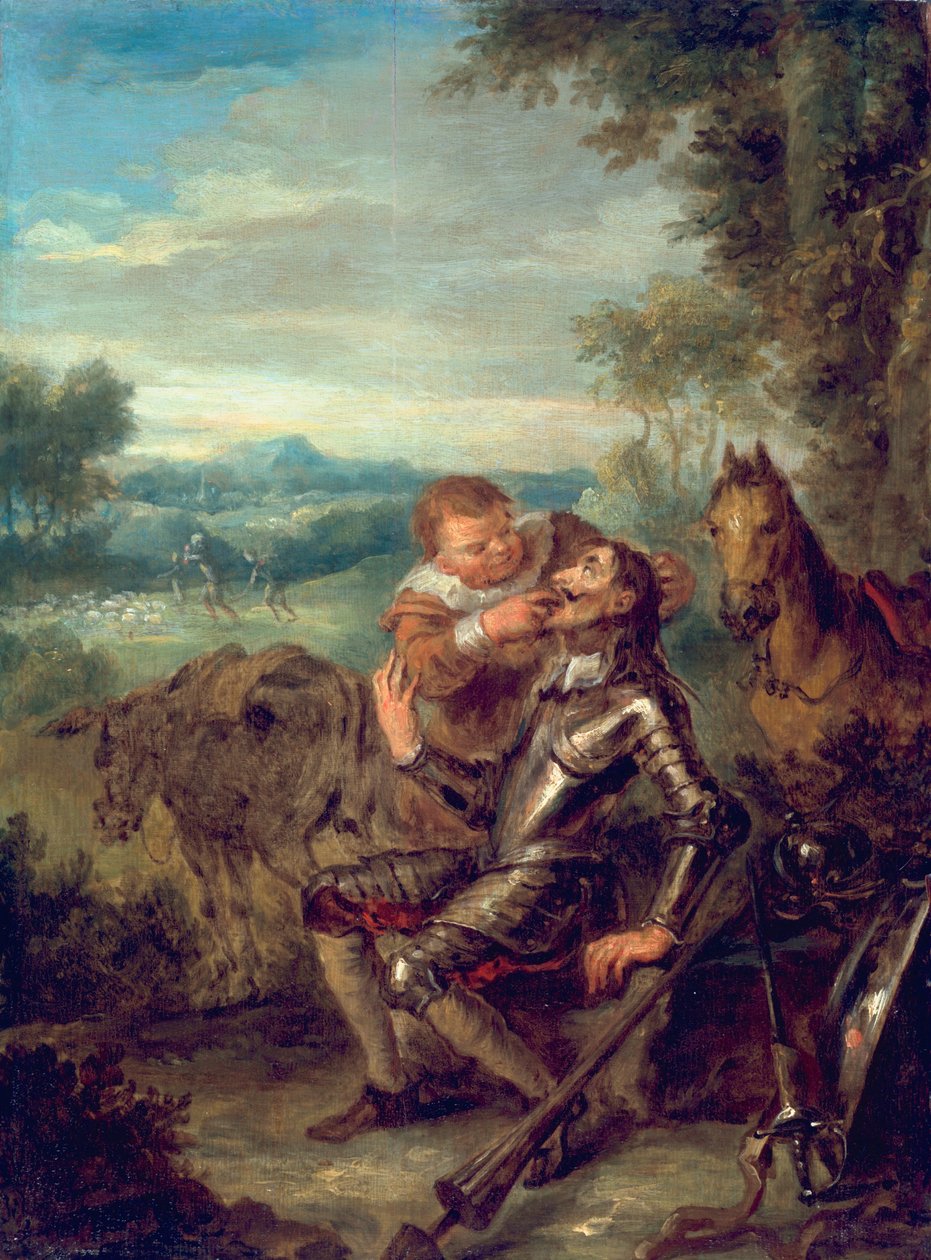 Scena z Don Kichota: Sancho Pansa liczy zęby Don Kichota, 1735 autorstwa John Vanderbank