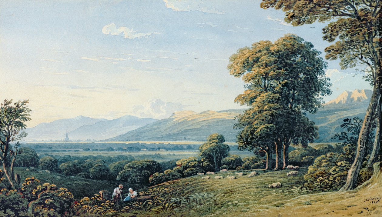 Postacie spoczywające na wzgórzu, za nimi wieża kościoła, 1825 autorstwa John Varley