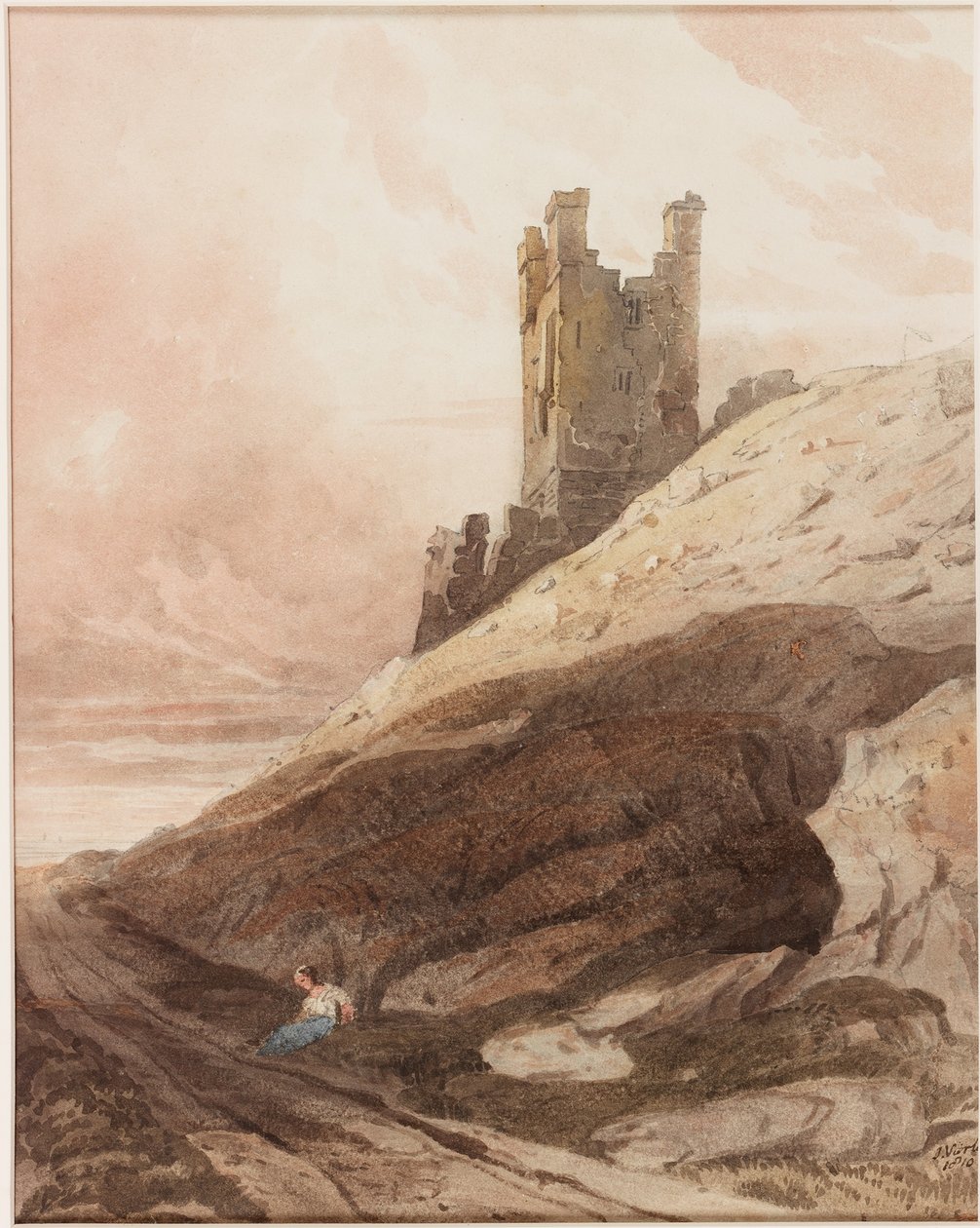 Lilburn Tower, Dunstanburgh Castle (ołówek i akwarela na papierze (wklejone na tablicę)) autorstwa John Varley