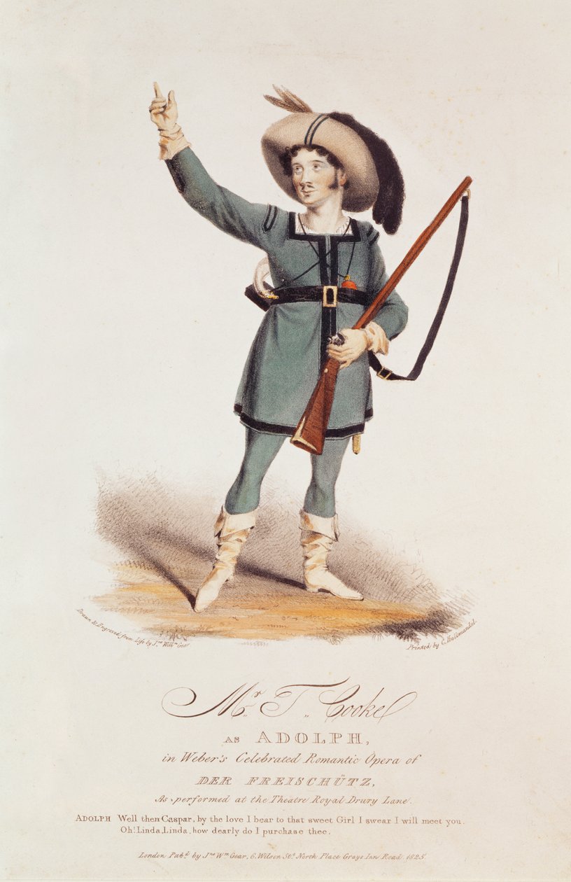 Thomas Simpson Cooke (1782-1848) jako Adolph w „Der Freischutz” Webera, 1825 (kolorowa lito) autorstwa John W. Gear