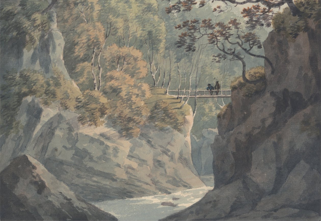 Alpine Bridge i leśna sceneria w pobliżu Pistil y Maw autorstwa John Warwick Smith
