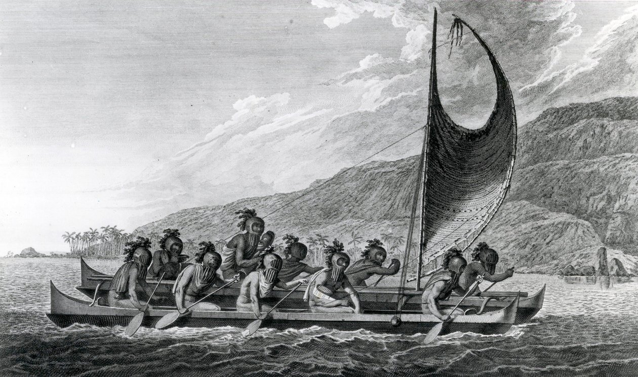 Kanu z Wysp Sandwich, z zamaskowanymi wioślarzami, 1784 autorstwa John Webber