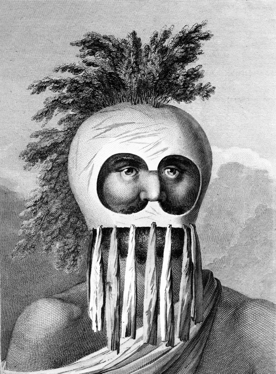 Człowiek z kanapek w masce, ilustracja z „Podróży na Pacyfik”, grawerowana przez Thomasa Cooka, 1784 autorstwa John Webber