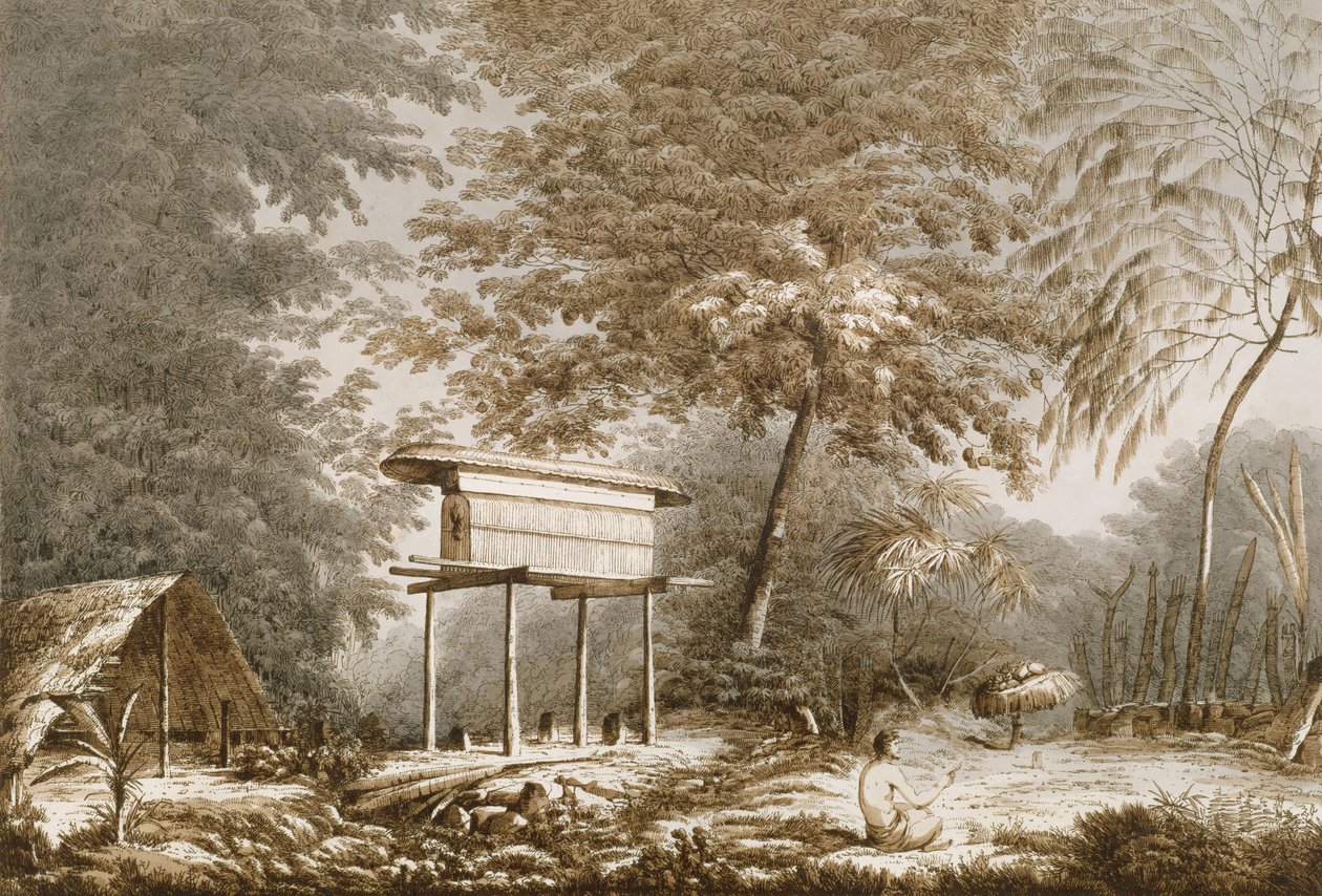 Toopapaoo wodza z księdzem składającym ofiarę Morai w Huoheine, z „Widoki na morzach południowych”, wyd. 1789 autorstwa John Webber