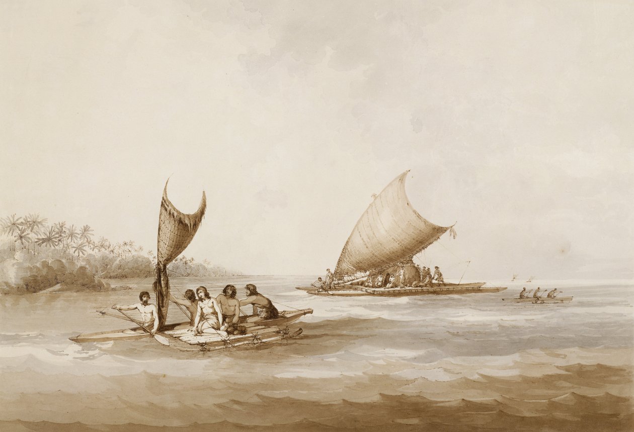 Łodzie z Wysp Przyjaznych, z "Widoków na Morzach Południowych", pub. 1791 autorstwa John Webber