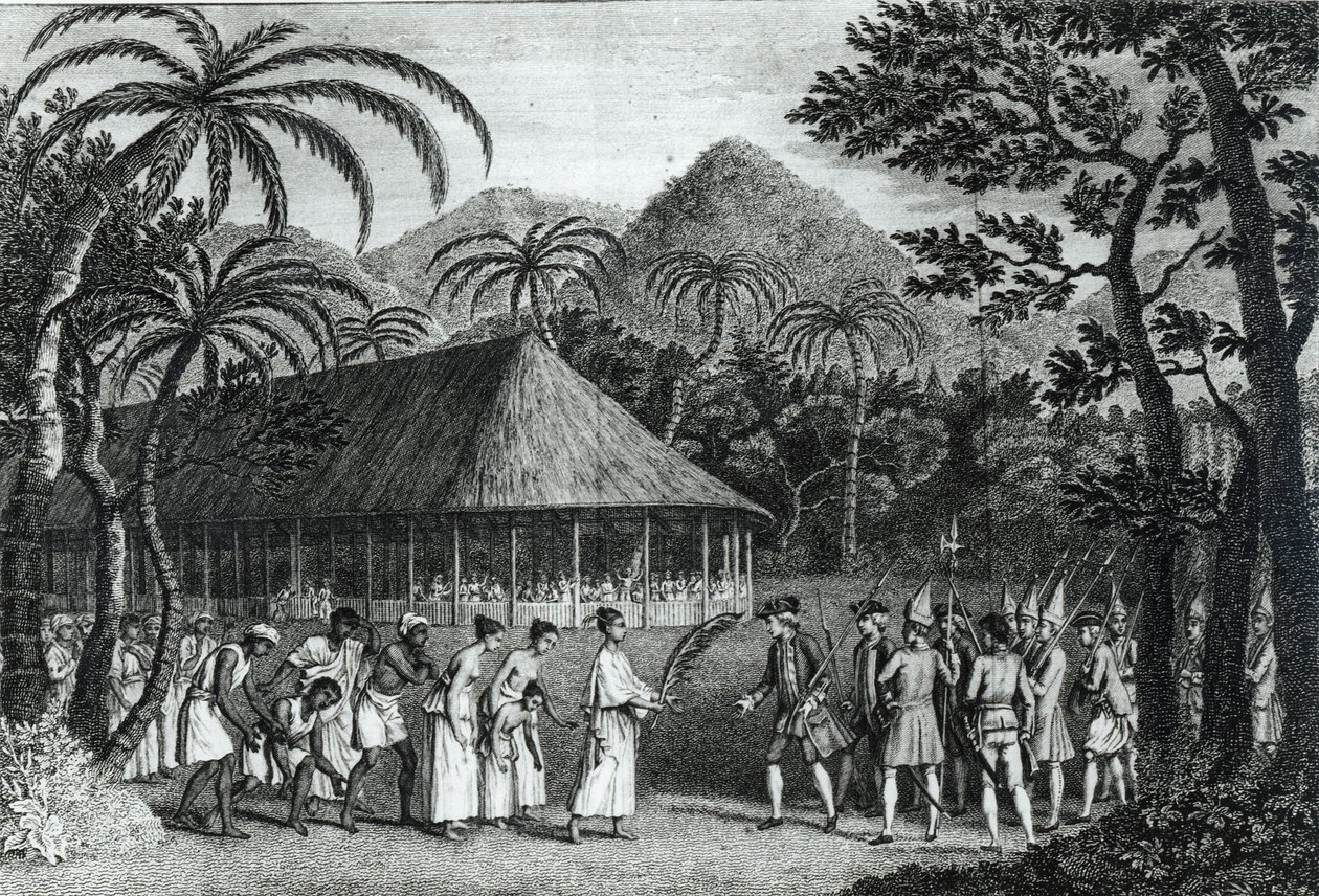 Kapitan Samuel Wallis (1728-1830) przyjmowany przez królową Obereę na wyspie Tahiti, z „Podróży na Ocean Spokojny” Jamesa Cooka (1728-1779) rytowanego przez Johna Halla (1739-97) (bw autorstwa John Webber
